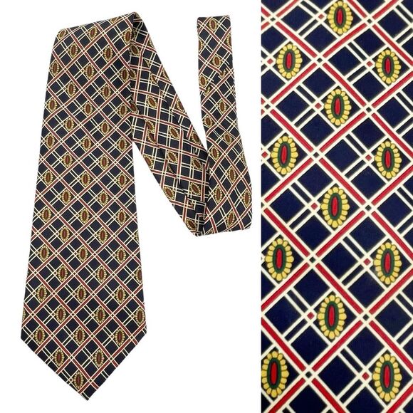 Vintage Rene Chagal 100% Silk Twill Tie Navy Gold Red Preppy Pattern Necktie